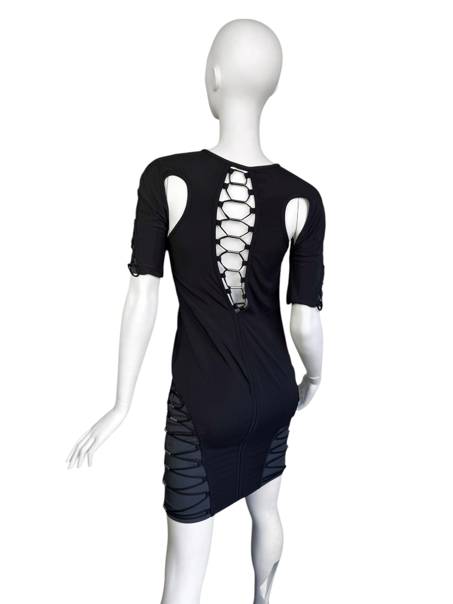 GUCCI SS2010 BY FRIDA GIANNINI BLACK & GREY SILK BLEND CUT-OUT LACE-UP FUTURISTIC MINI DRESS