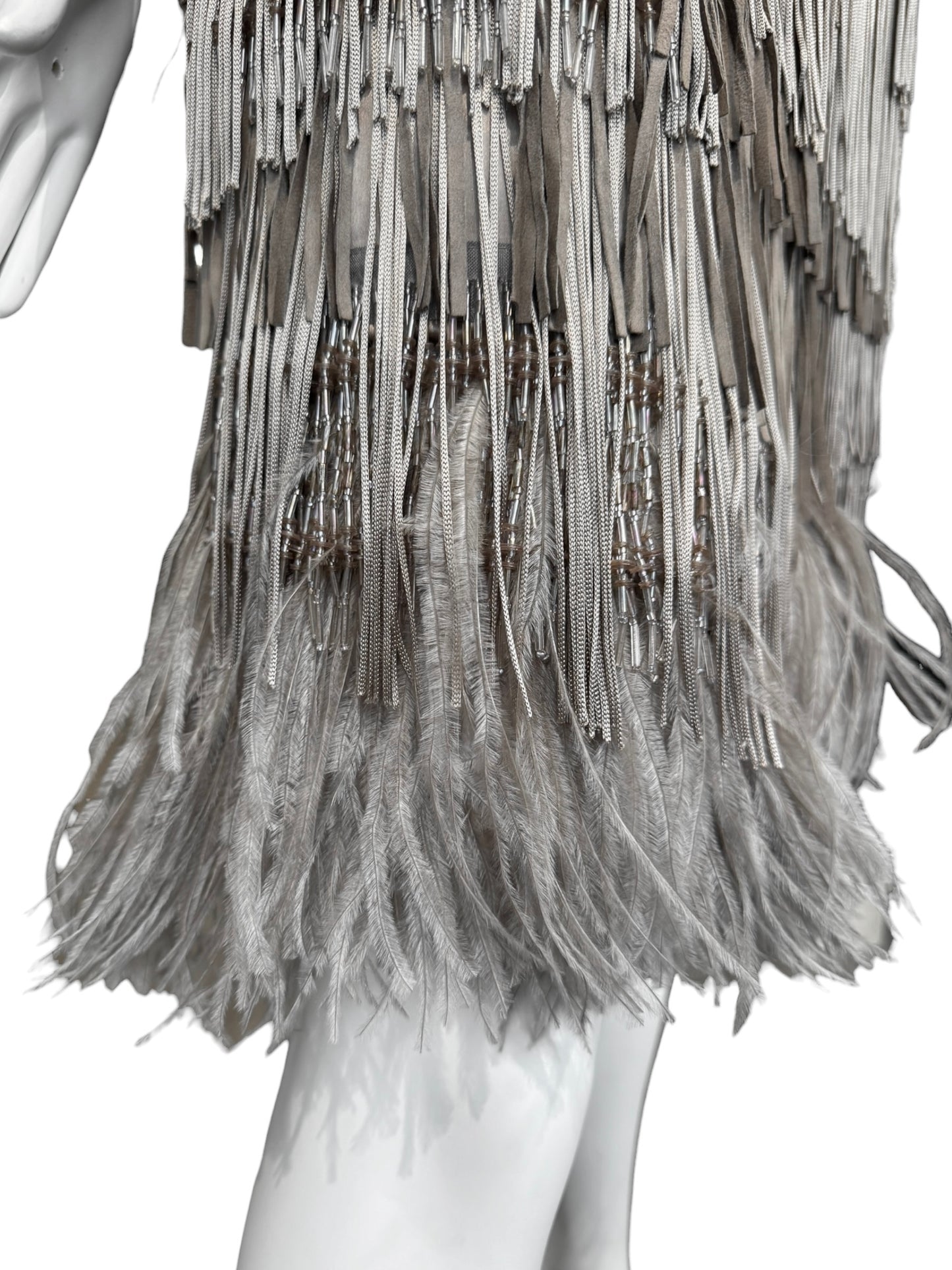 ALESSANDRO DELL’ACQUA SS2009 GREY SILK, OSTRICH FEATHERS & PEARLS FRINGES MIDI SKIRT