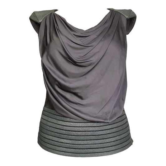 JITROIS 2000s GREY LEATHER HORIZONTAL STRAPS DRAPED TOP