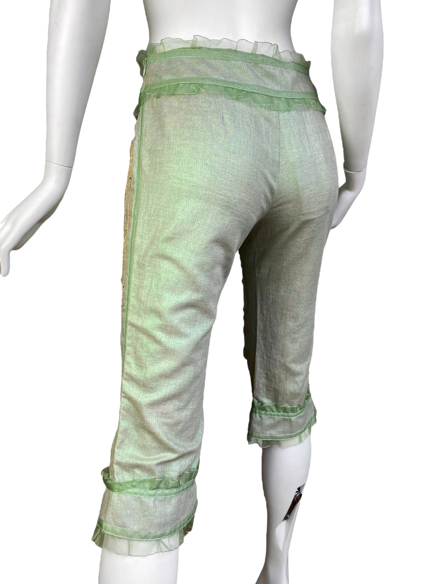 ALEXANDER MCQUEEN C.1995-1996 LIGHT GREEN SHEER RUFFLE TRIM CAPRI PANTS