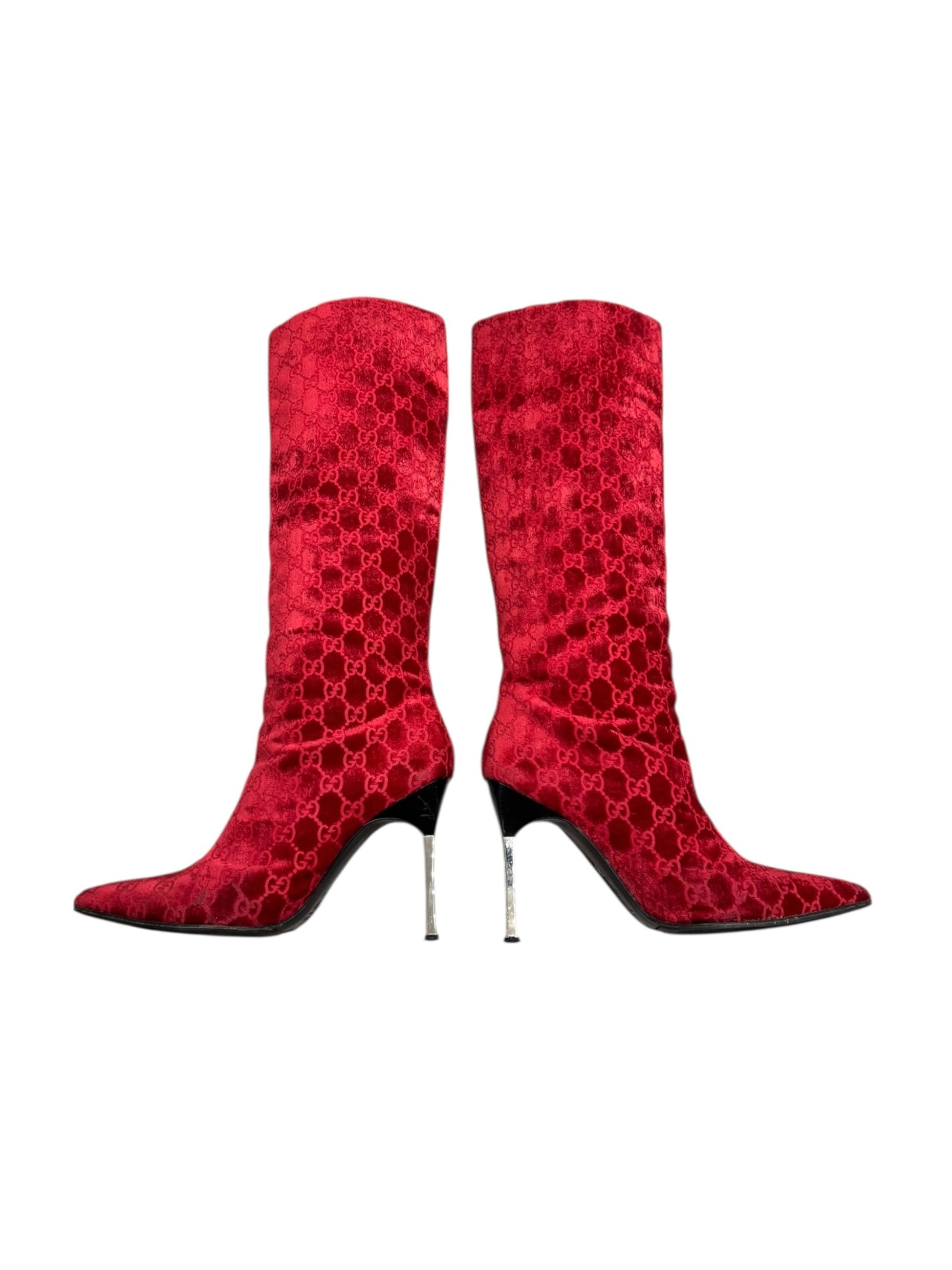GUCCI FW1997 BY TOM FORD RED VELVET ‘GG’ MONOGRAM BOOTS