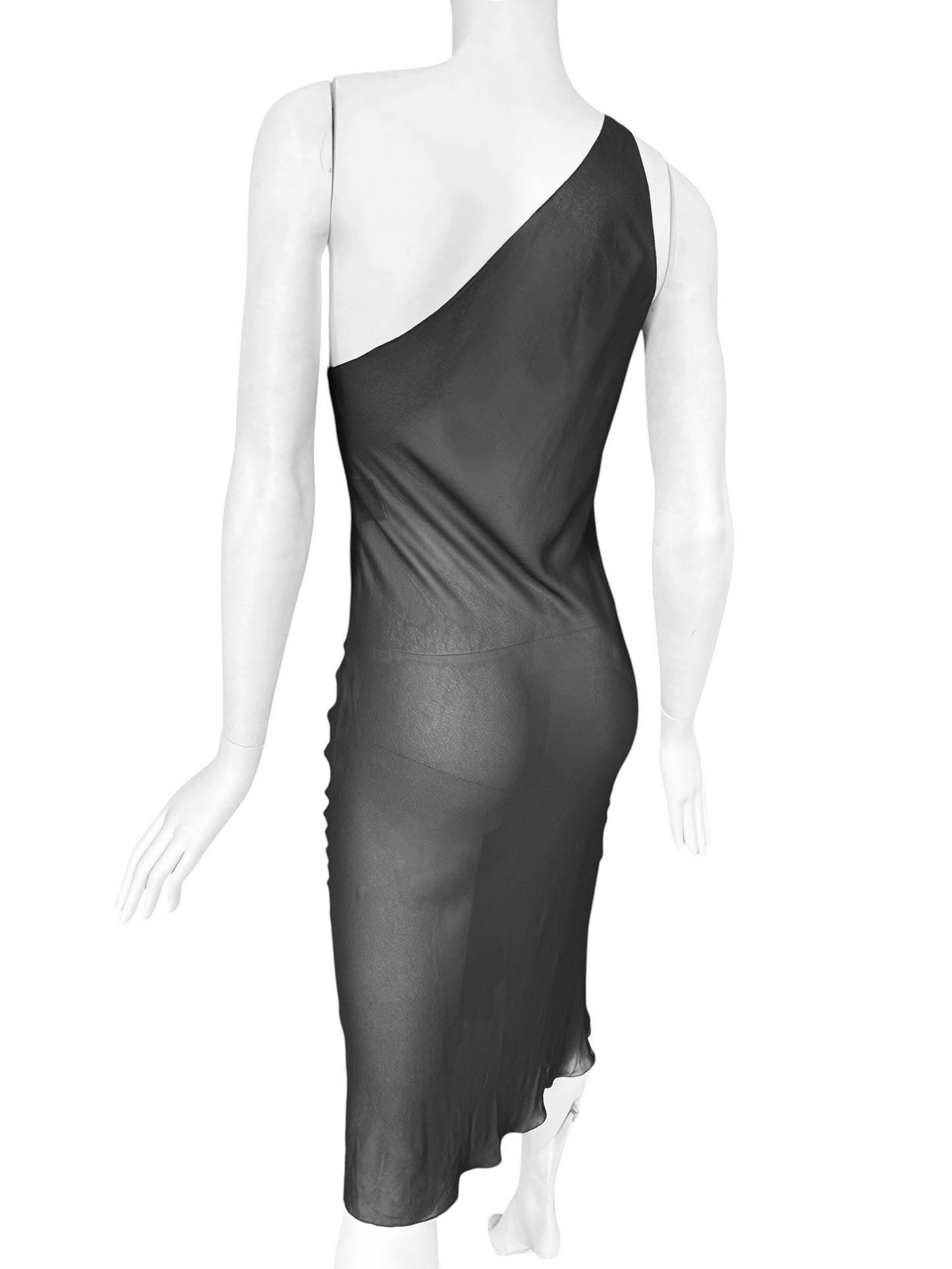 CHRISTIAN DIOR FW2006 BY JOHN GALLIANO BLACK SILK ASYMMETRICAL RUFFLES TRAIN MAXI DRESS