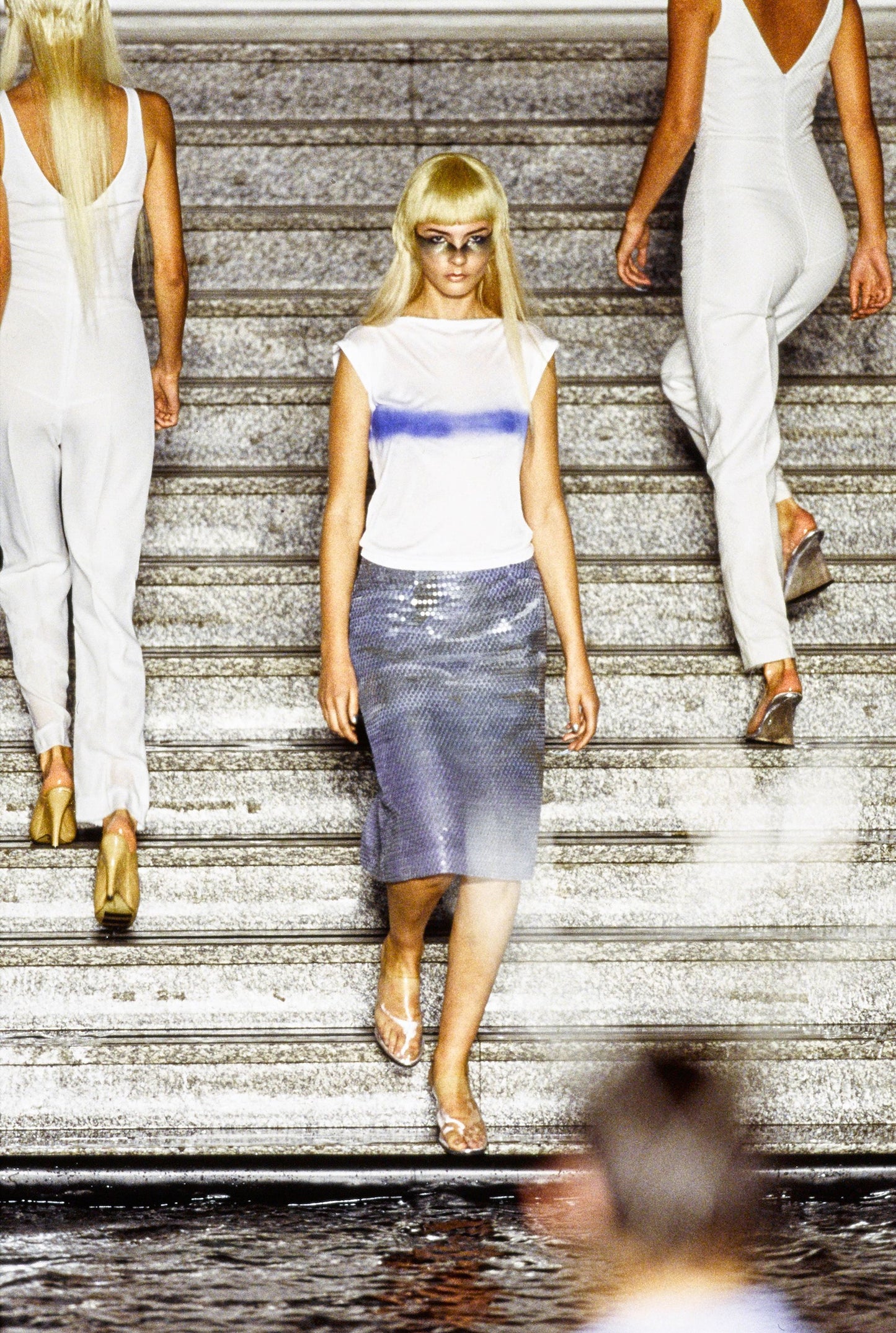 ALEXANDER MCQUEEN SS1997 «LA POUPÉE» BLUE SEQUINS DOLPHIN PRINT BUMSTER MIDI SKIRT