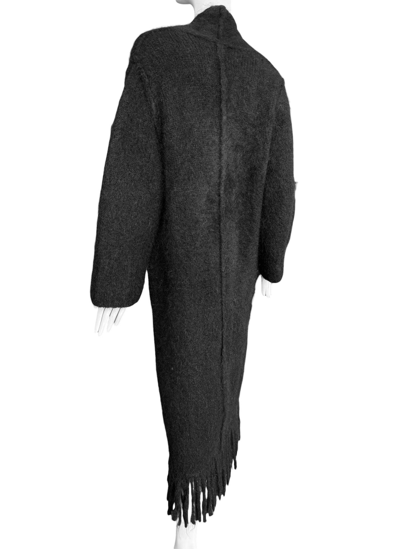ISABEL BENENATO FW2020 BLACK WOOL & MOHAIR BLEND FRINGES MAXI COAT