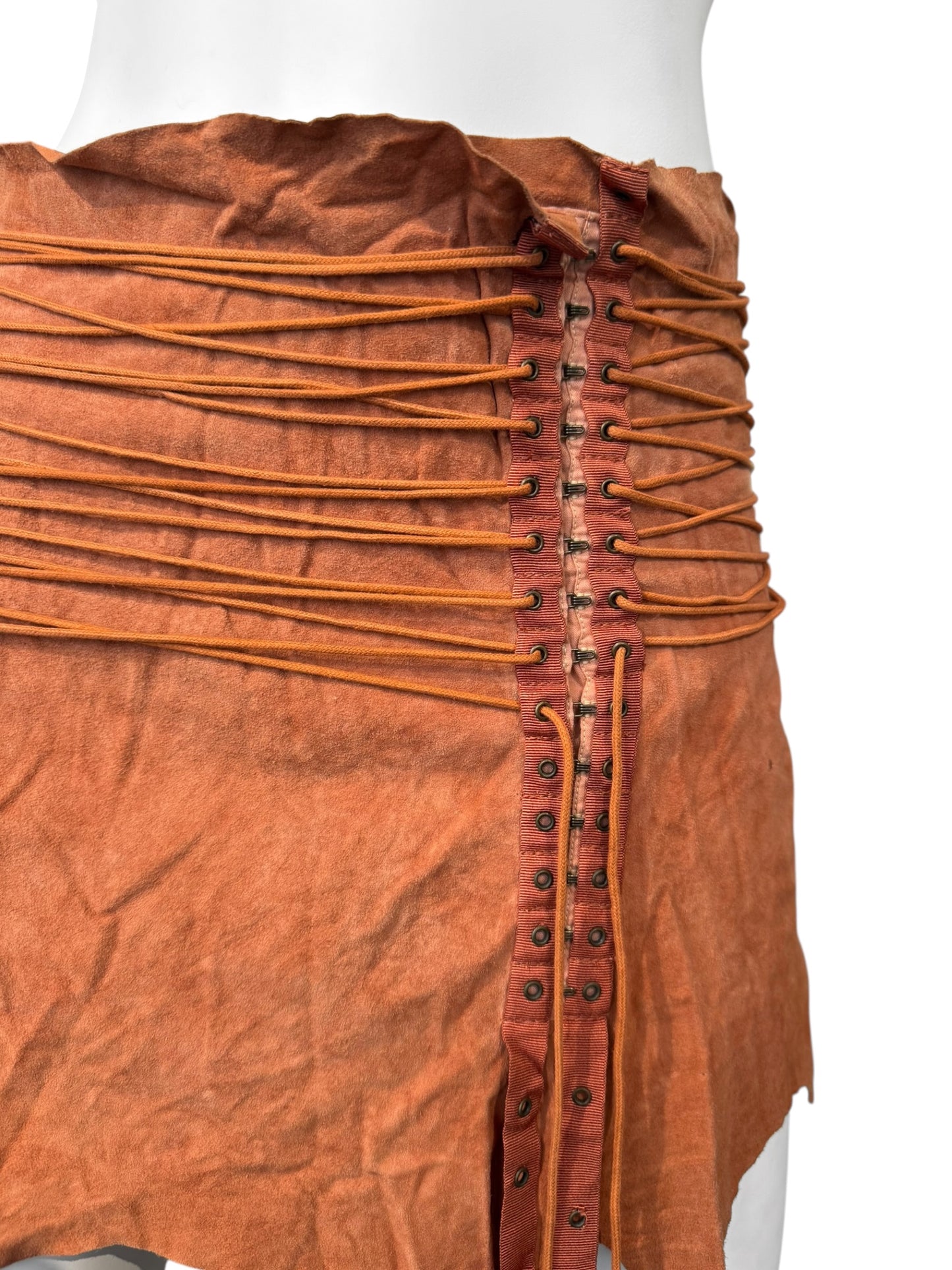 PLEIN SUD SS2003 ORANGE SUEDE LEATHER LACE-UP MINI SKIRT