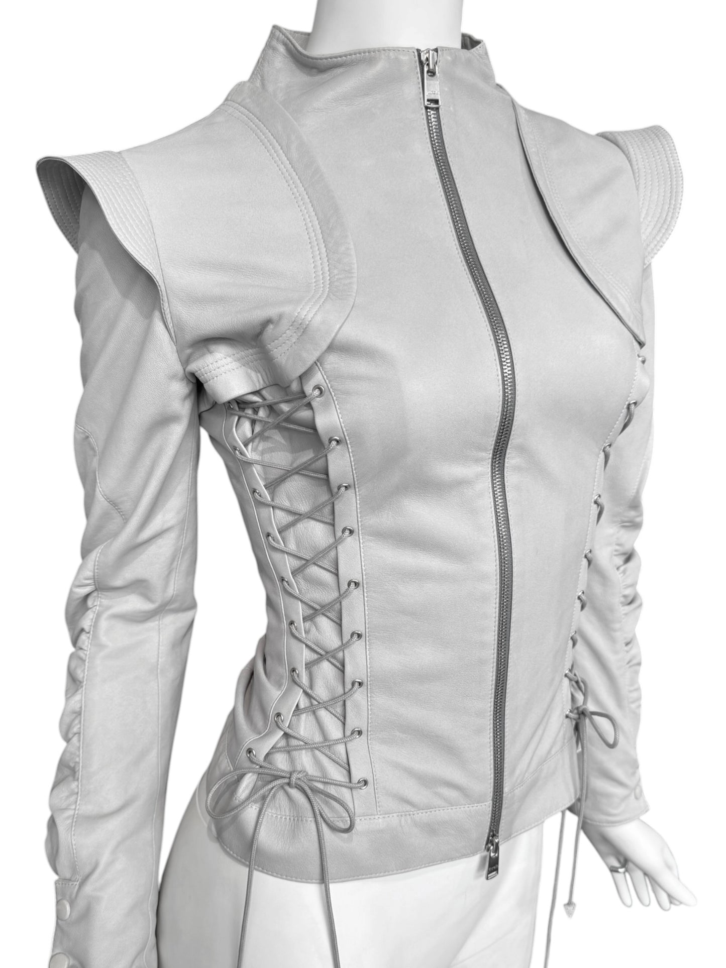 JITROIS 2000s GREY LEATHER LACE-UP JACKET