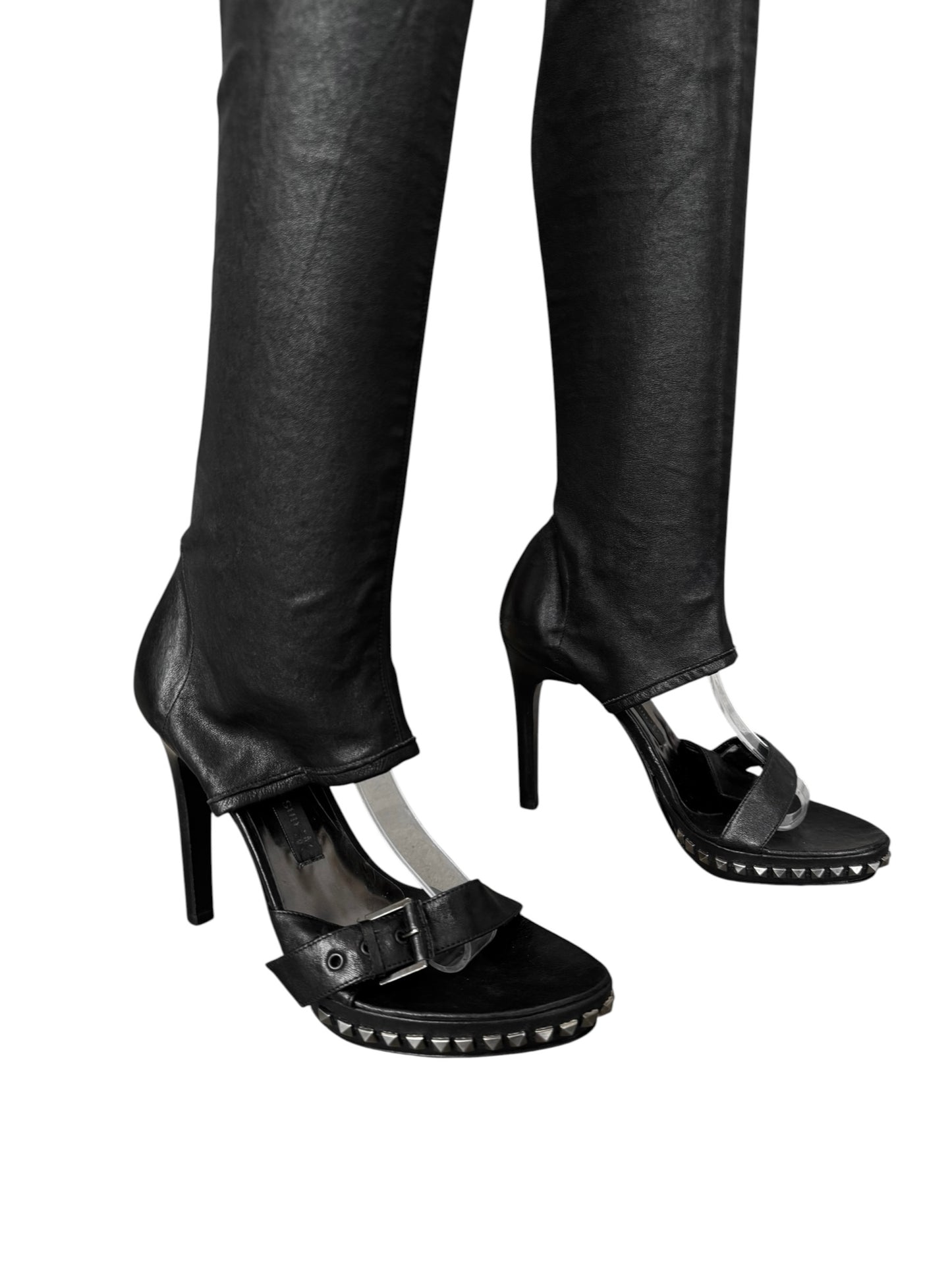 PLEIN SUD 2000s BLACK LEATHER STUDDED OPEN TOE THIGHBOOTS