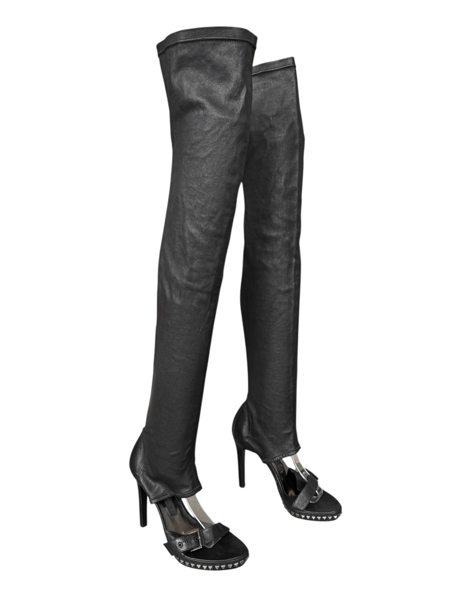 PLEIN SUD 2000s BLACK LEATHER STUDDED OPEN TOE THIGHBOOTS