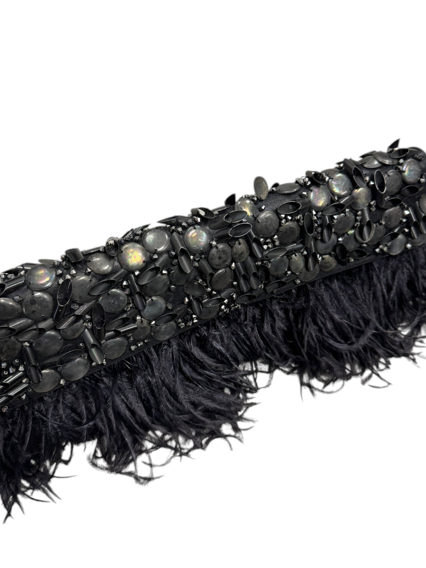 CHRISTIAN LACROIX 2000s BLACK LEATHER & OSTRICH FEATHERS EMBELLISHED CLUTCH & GLOVES