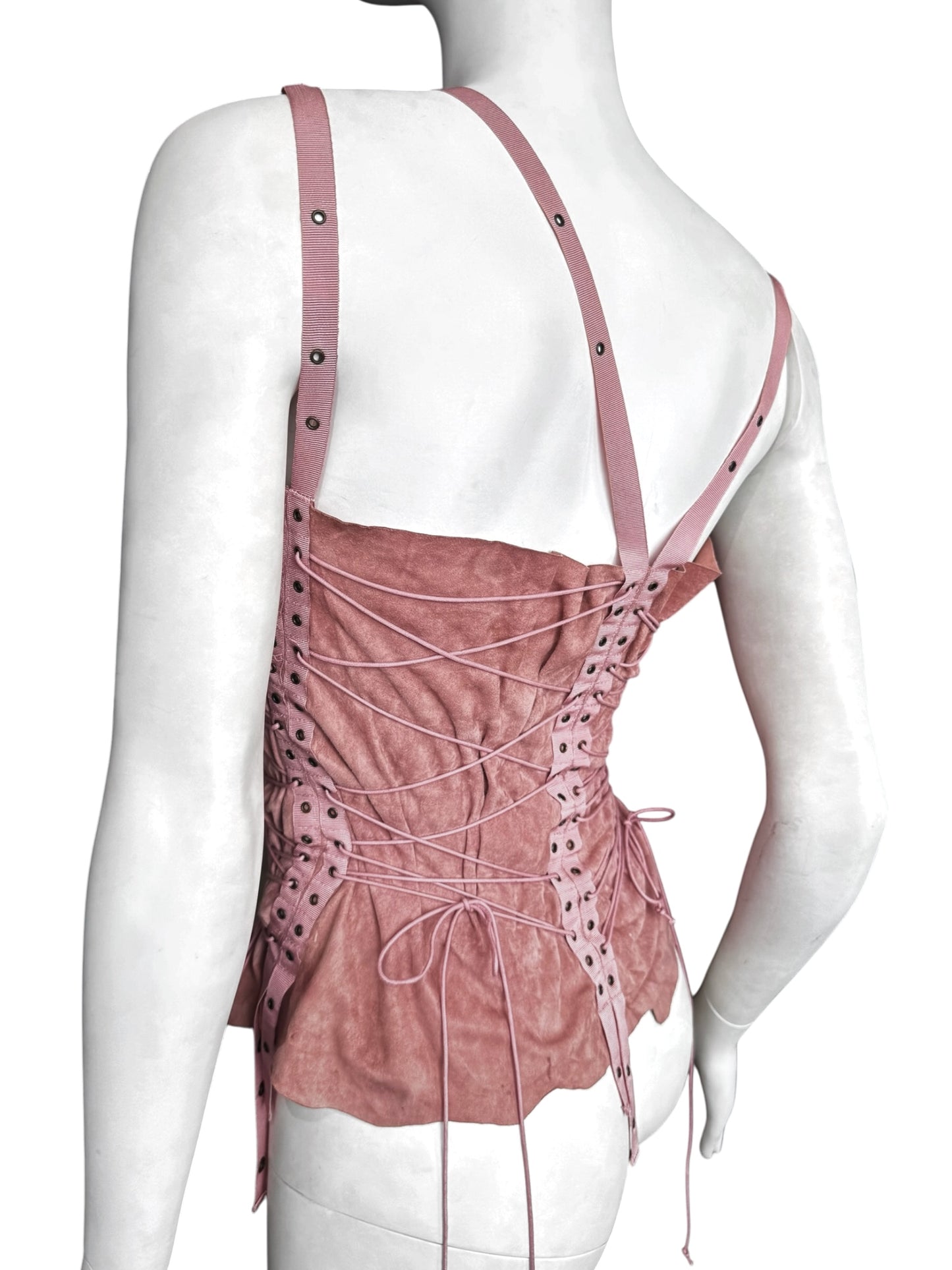 PLEIN SUD SS2003 PINK LEATHER LACE-UP BONDAGE TANK TOP
