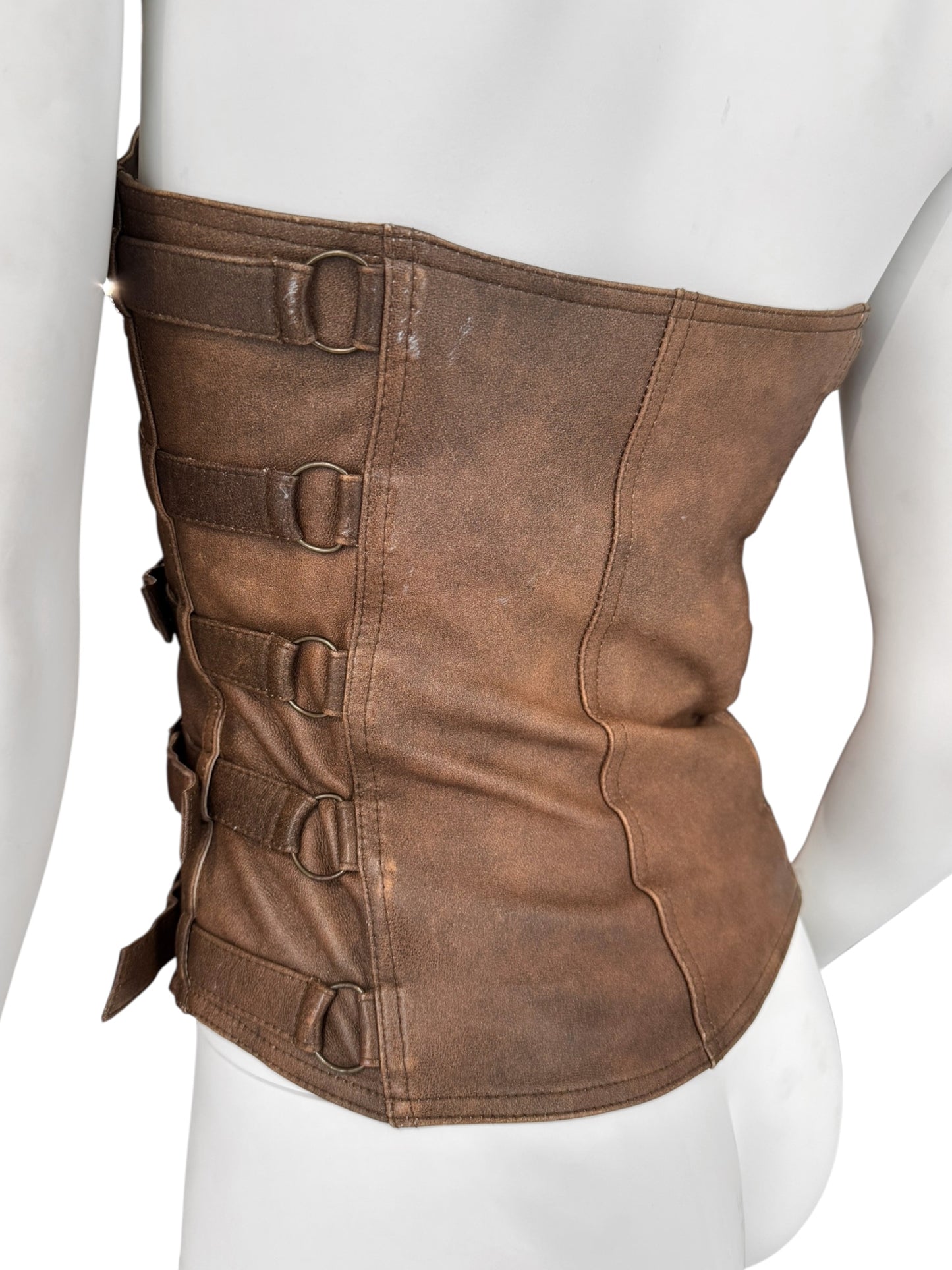 PLEIN SUD FW2001 BROWN LEATHER BONDAGE CORSET TOP