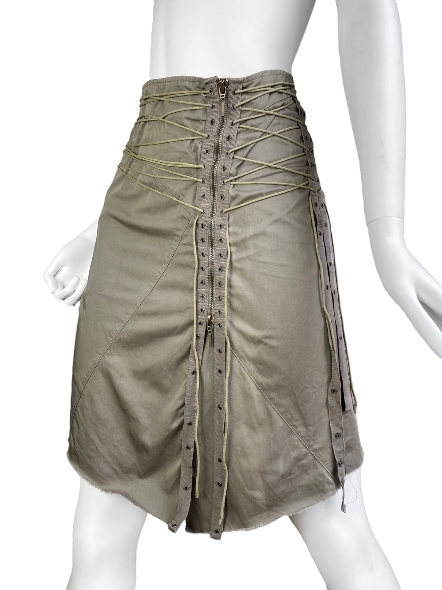 PLEIN SUD SS2003 KHAKI LACED-UP BONDAGE MIDI SKIRT