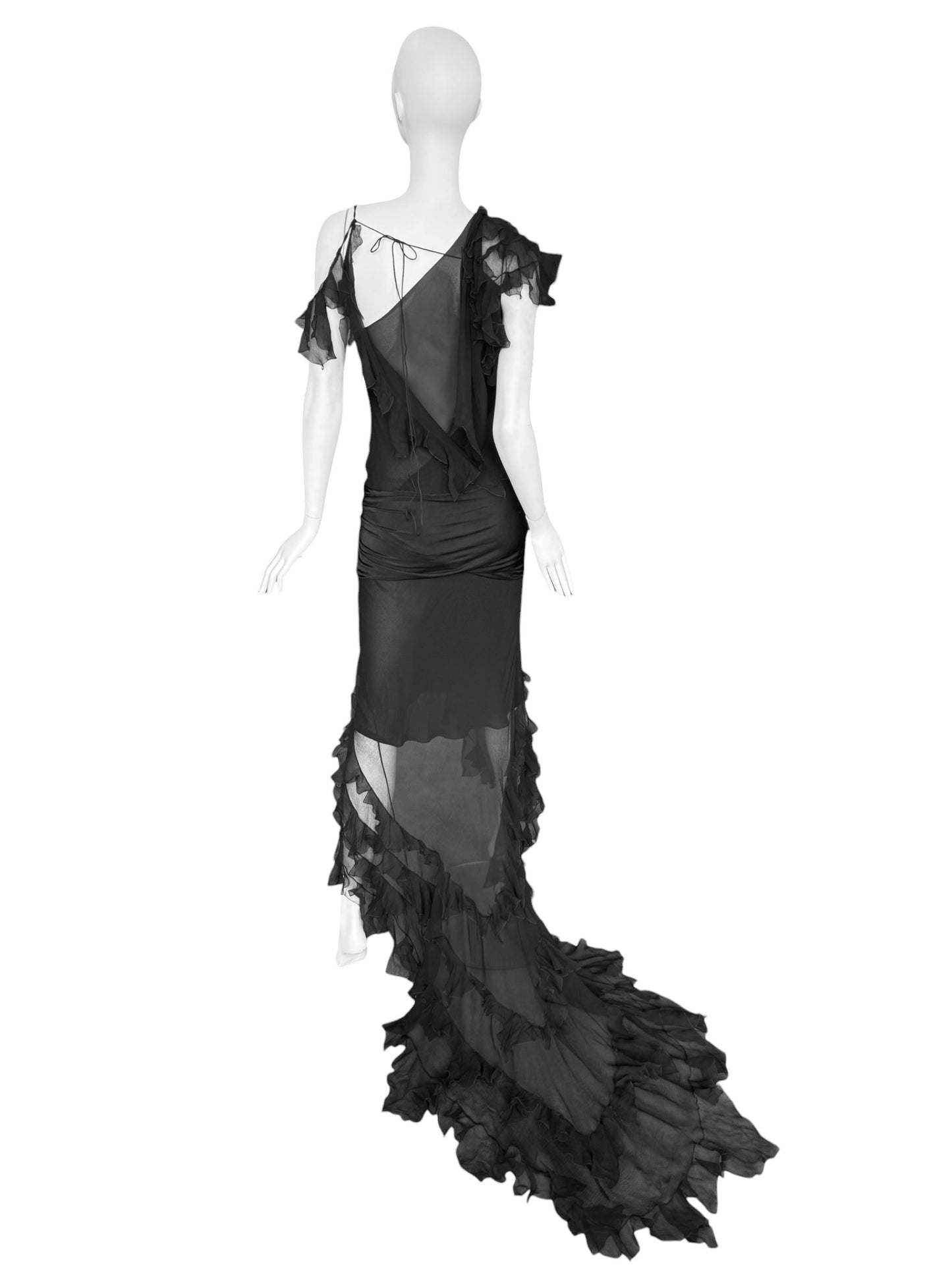 CHRISTIAN DIOR FW2006 BY JOHN GALLIANO BLACK SILK ASYMMETRICAL RUFFLES TRAIN MAXI DRESS