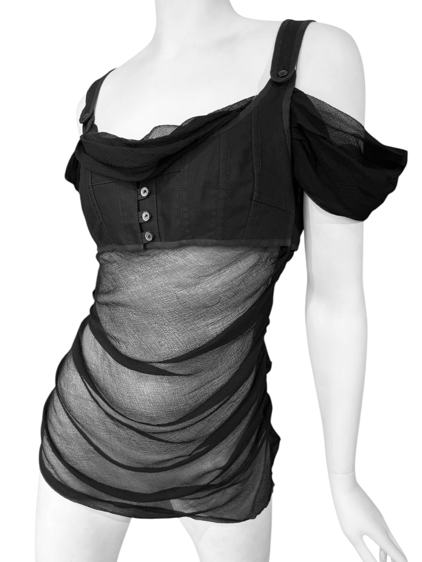 ALEXANDER MCQUEEN SS2005 «IT’S ONLY A GAME» BLACK SILK DRAPED CORSET TOP