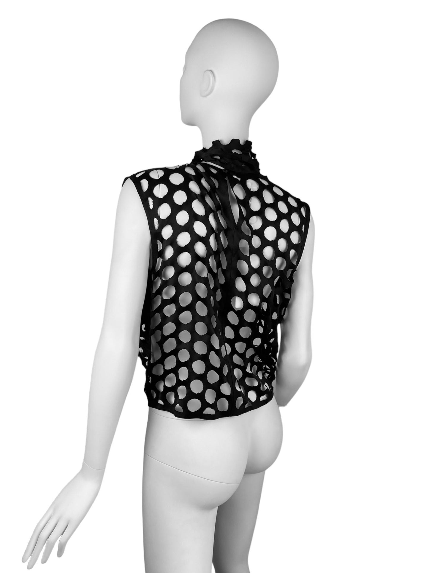 MAISON MARGIELA FW2020 BY GALLIANO BLACK SILK LASER CUT OUT POLKA DOTS ASCOT TIE TOP