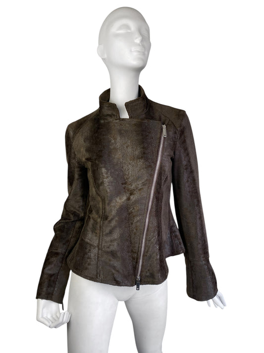 EMPORIO ARMANI 1990s BROWN FAUX-PONY HAIR ASYMMETRICAL ZIP JACKET