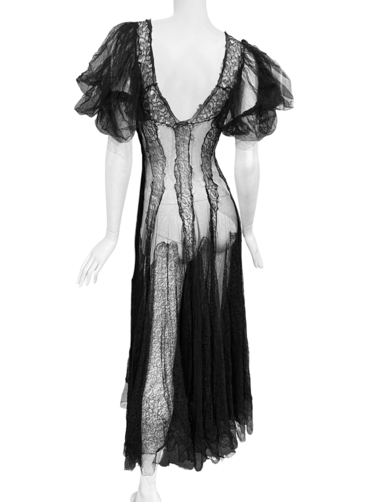 1930s BLACK SHEER LACE ROMANTIC MAXI DRESS
