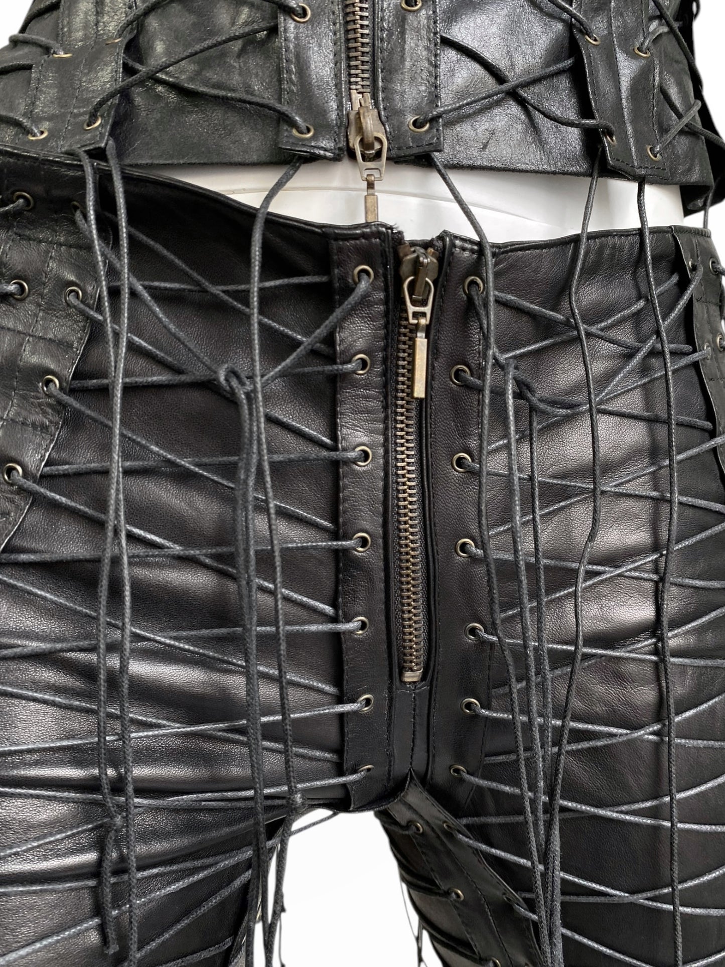 PLEIN SUD FW2002 BLACK LEATHER LACED-UP CAGE PANTS