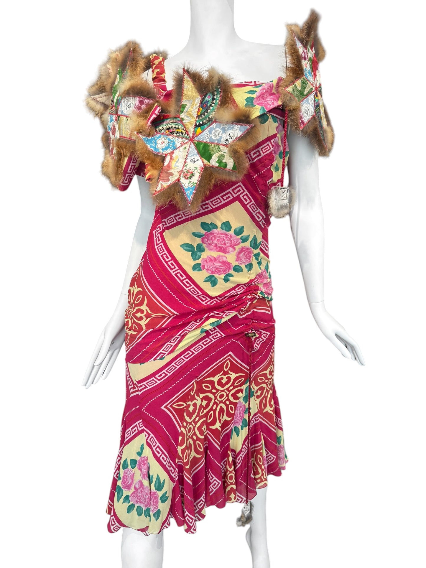 JOHN GALLIANO FW2002 PINK SILK & FUR FOLKLORIC FLORAL PRINT MIDI DRESS