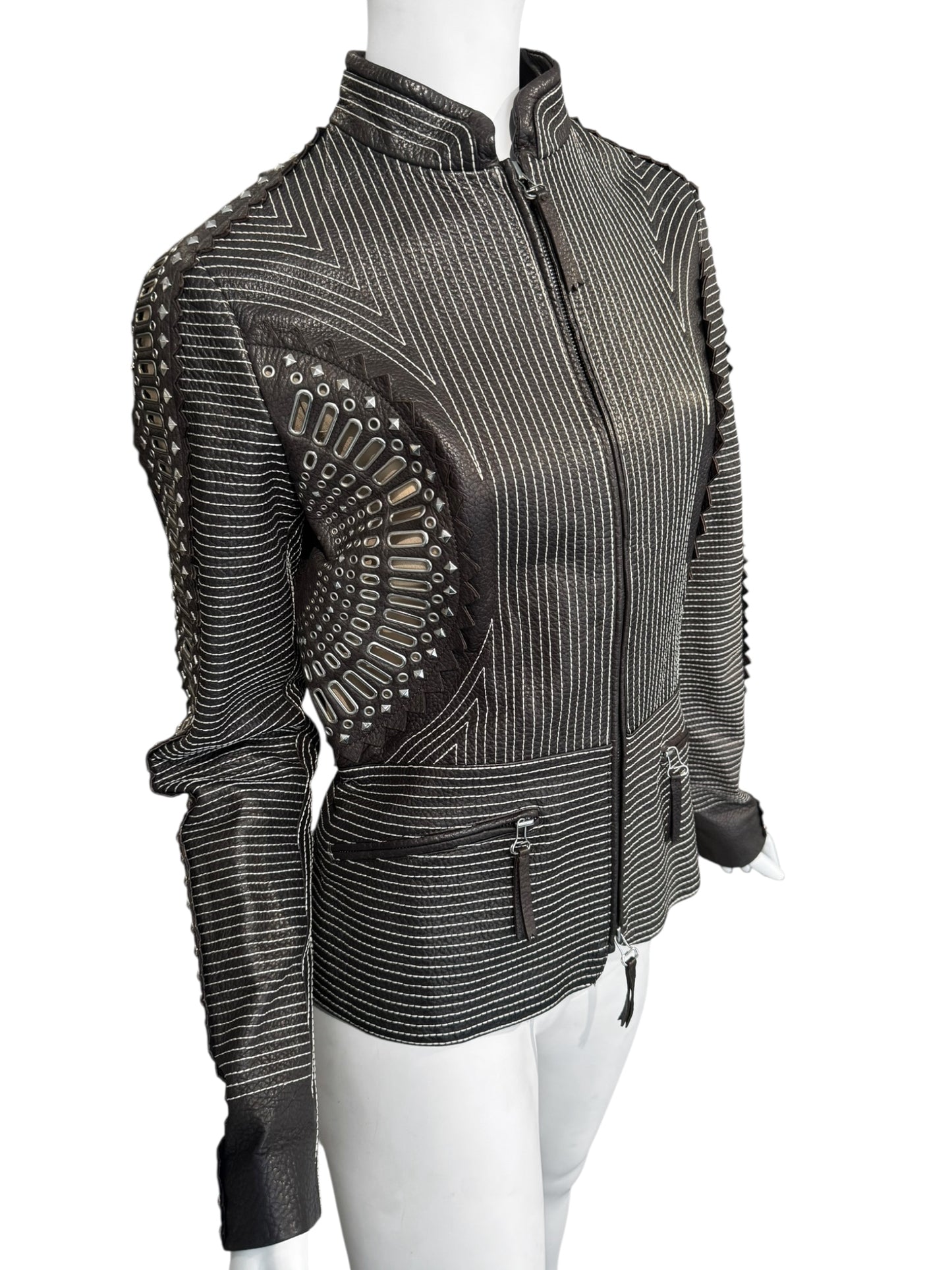 GIANFRANCO FERRE SS2004 DARK BROWN LEATHER GROMMET & STUD EMBELLISHED JACKET