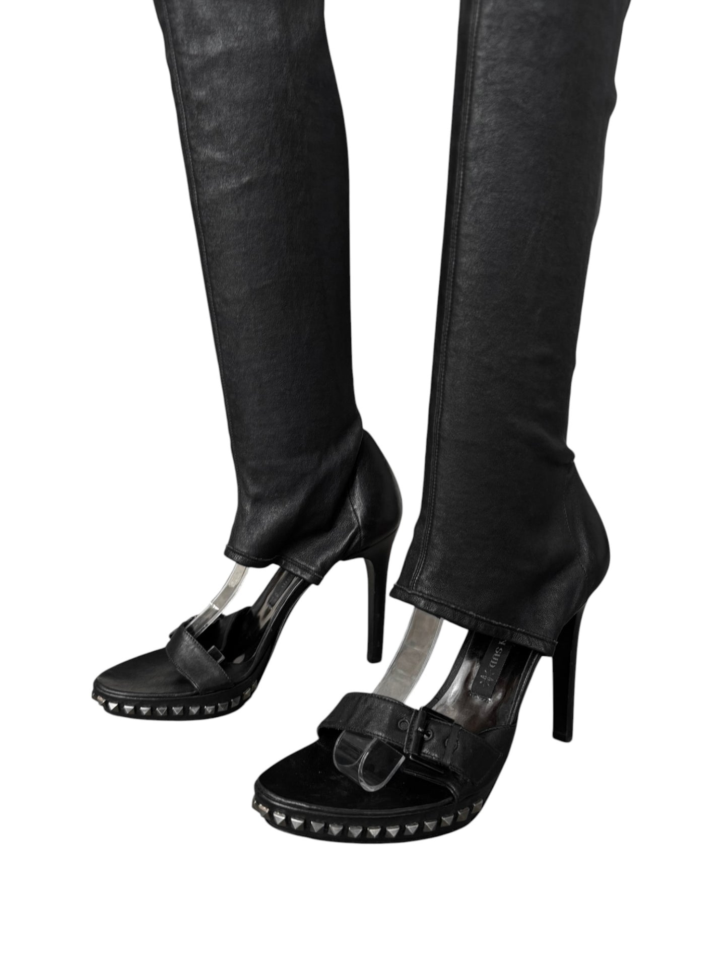 PLEIN SUD 2000s BLACK LEATHER STUDDED OPEN TOE THIGHBOOTS