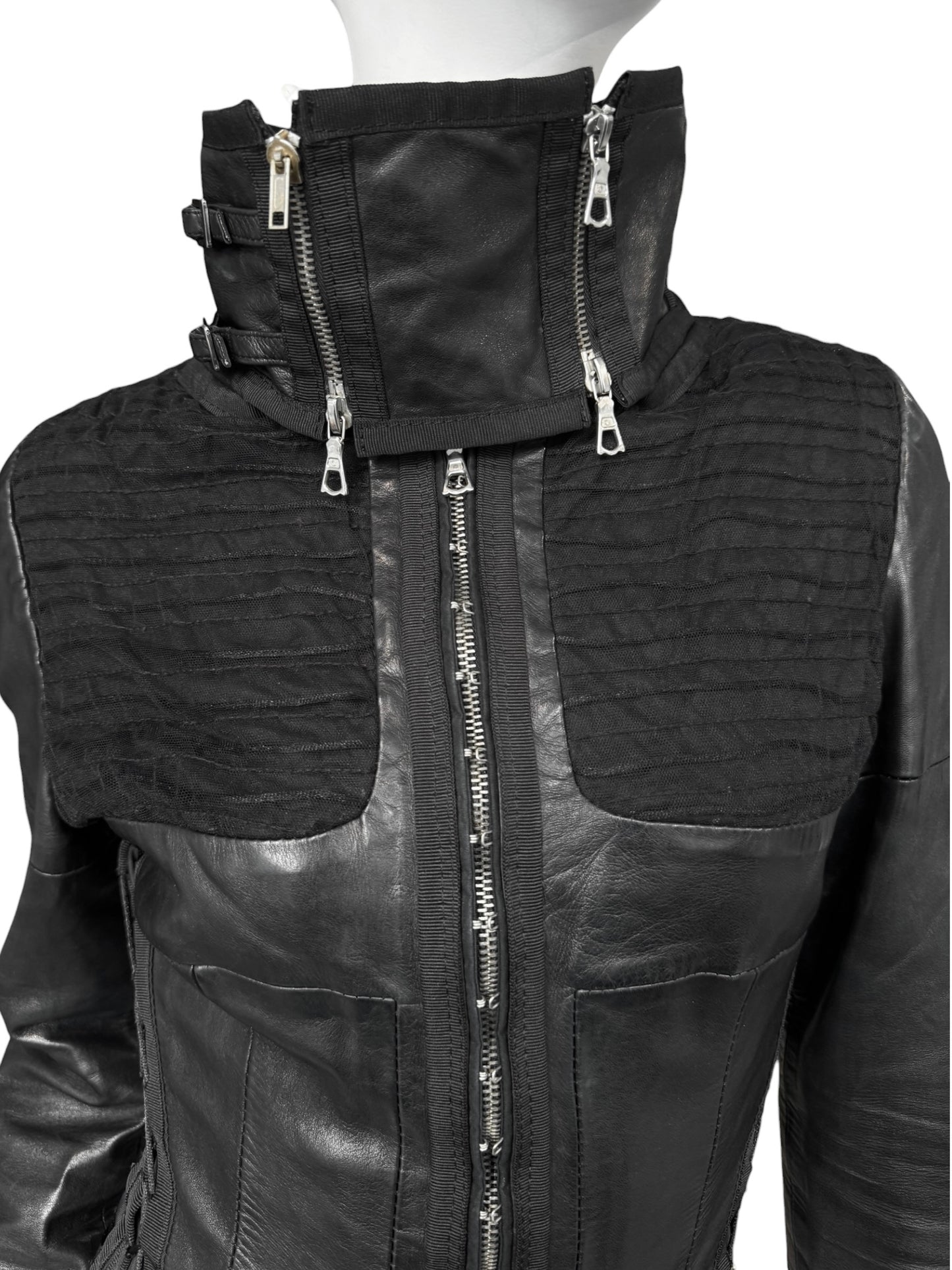 JITROIS 2000S BLACK LEATHER & MESH LACE-UP JACKET