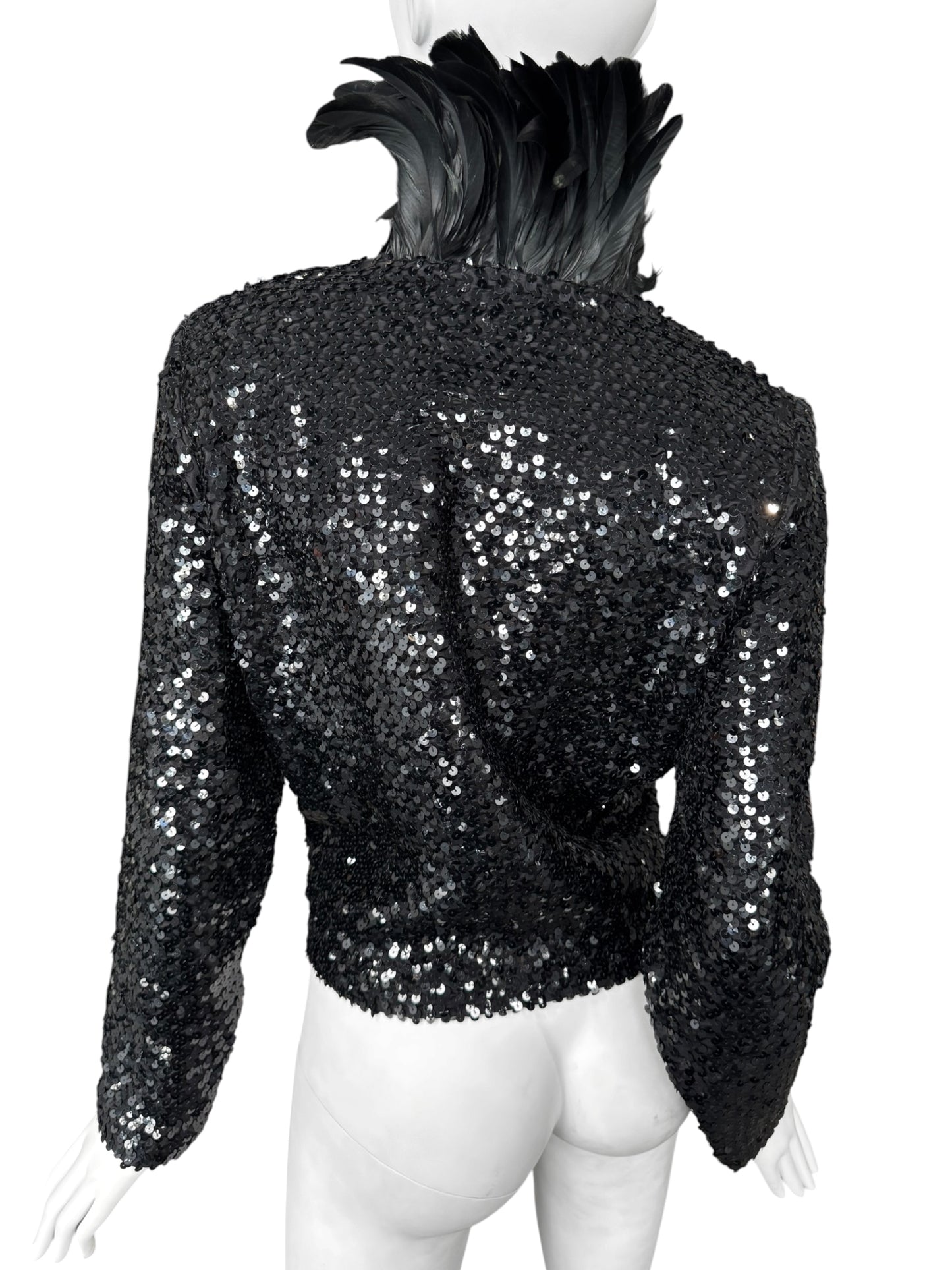 JEAN VARON 1960s BLACK SEQUINS & ROOSTER FEATHERS COLLAR JACKET