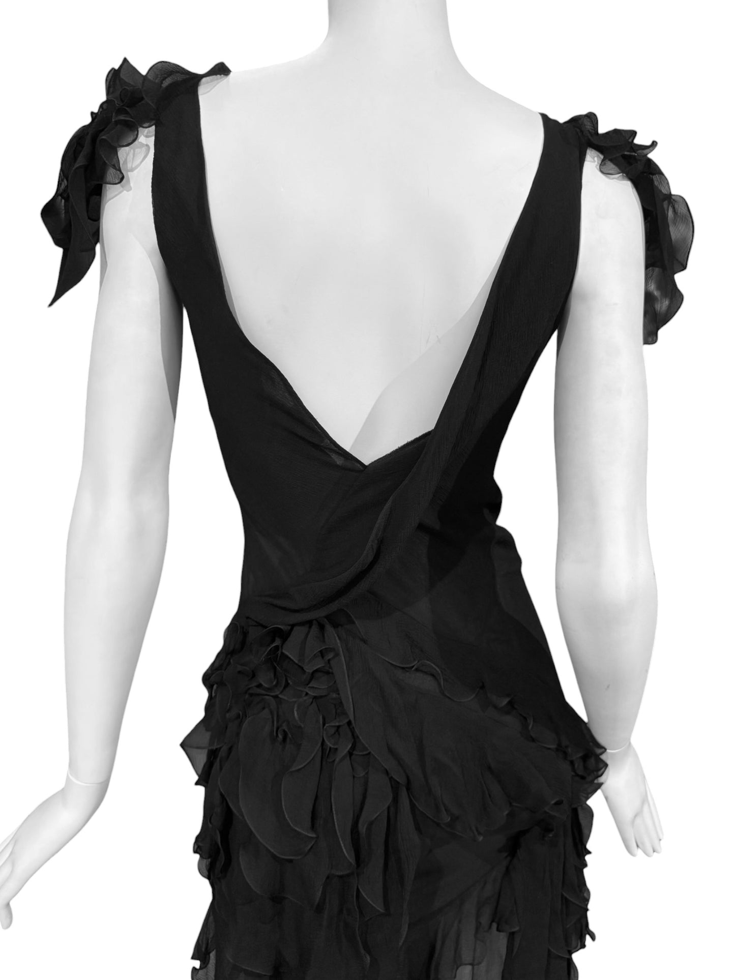 JOHN GALLIANO FW2004 BLACK SILK RUFFLES MAXI DRESS