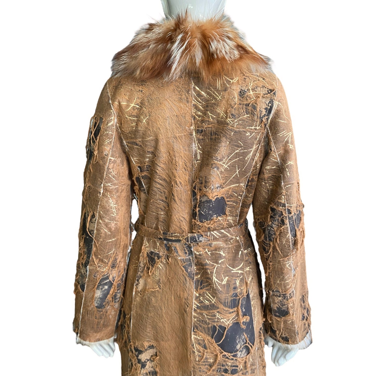 AMORETTI 2000s BROWN FOX FUR & GOLD LEAVES DISTRESSED COAT