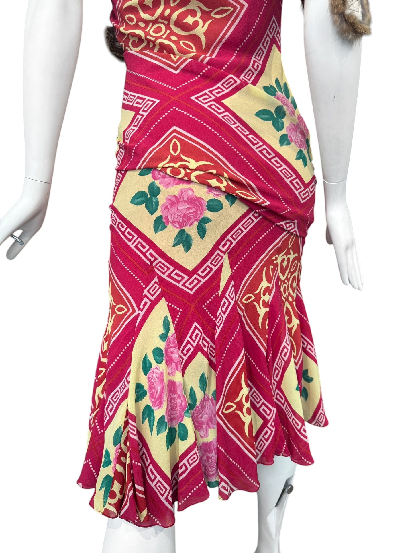 JOHN GALLIANO FW2002 PINK SILK & FUR FOLKLORIC FLORAL PRINT MIDI DRESS