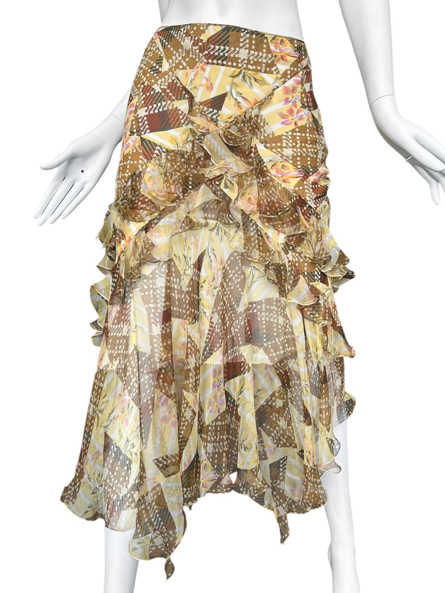 JOHN GALLIANO FW2004 YELLOW & BROWN TARTAN SILK RUFFLES MAXI SKIRT