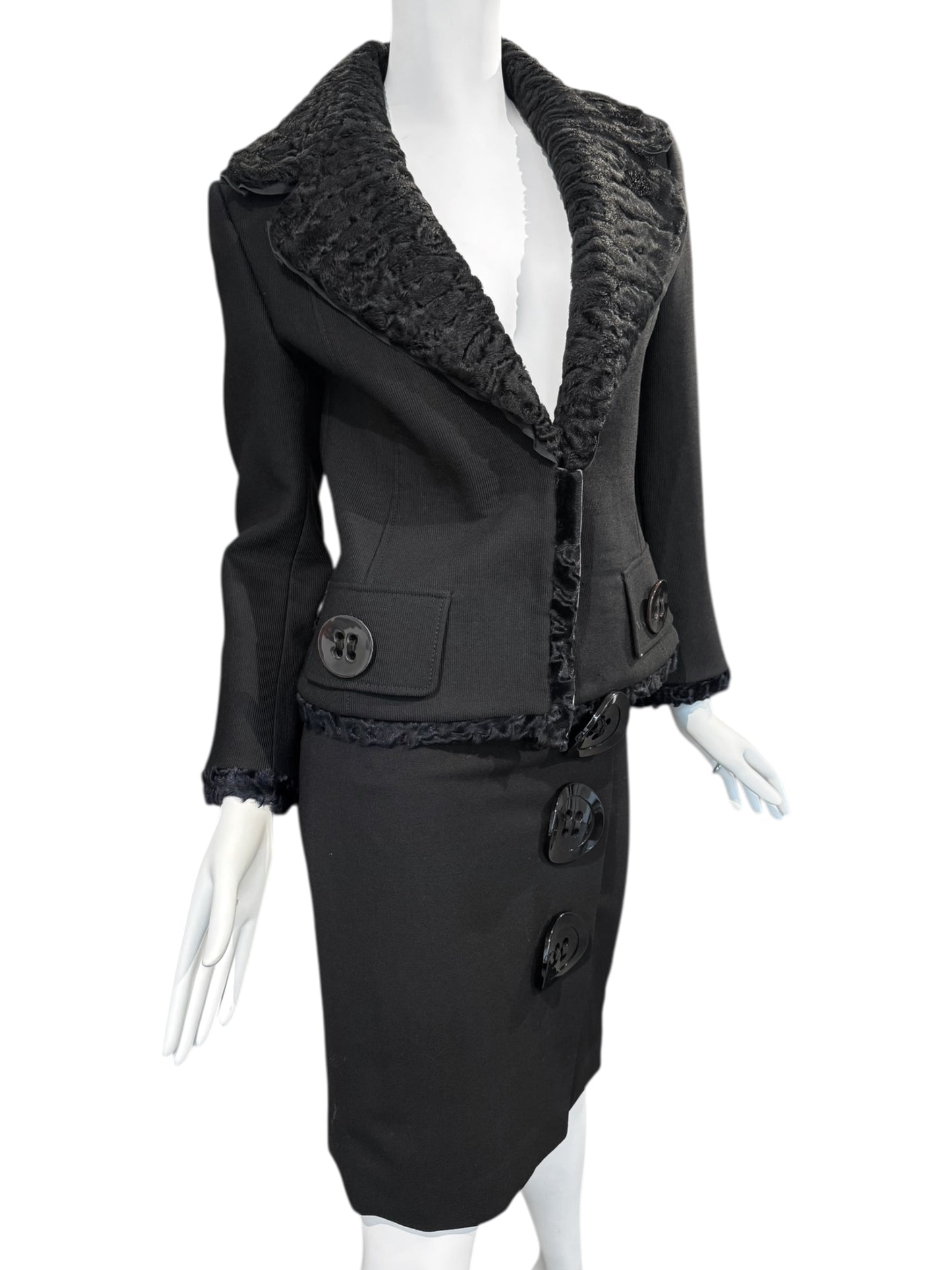DOLCE & GABBANA FW2005 BLACK WOOL ASTRAKAN FUR TRIM BUTTONS SKIRT SUIT