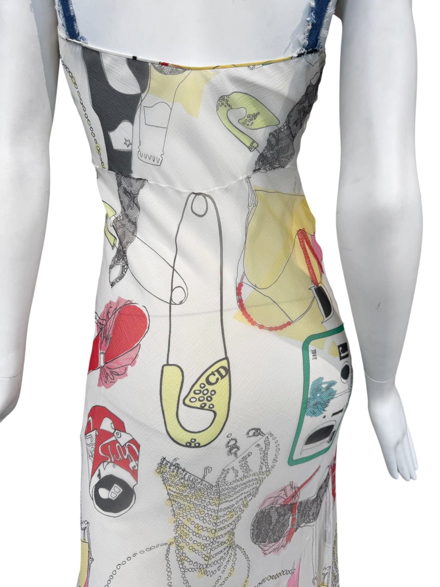 DIOR SS2001 BY JOHN GALLIANO OFF-WHITE SILK KITSCH PRINT MAXI DRESS