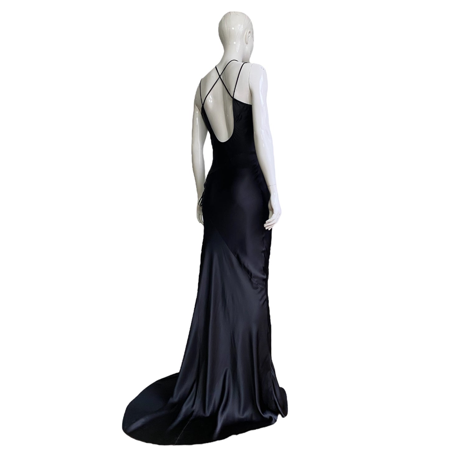 FAYÇAL AMOR SS2003 BLACK SATIN CUT OUT DOUBLE STRAPS MAXI DRESS