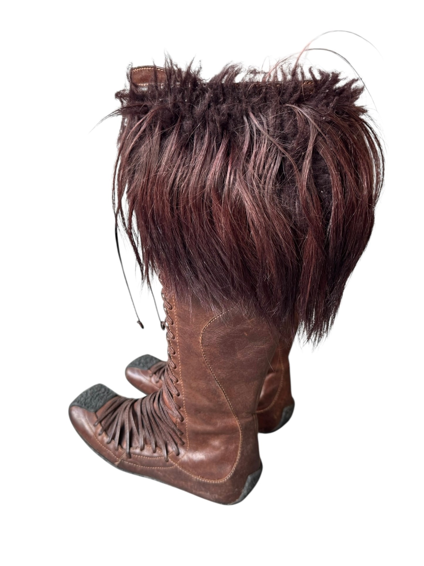 DIOR FW2002 BY GALLIANO BROWN LEATHER & FUR LACE-UP BOOTS