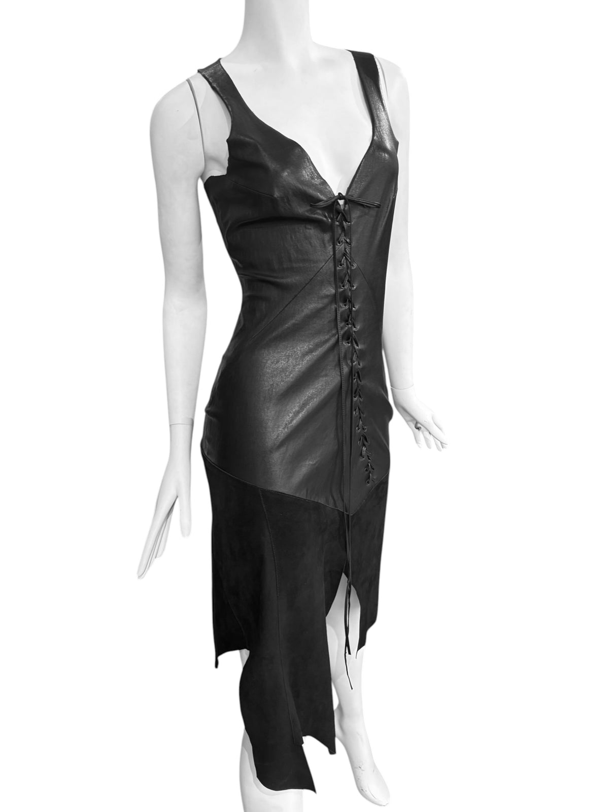 JITROIS 2000s BLACK LEATHER LACE-UP MIDI DRESS