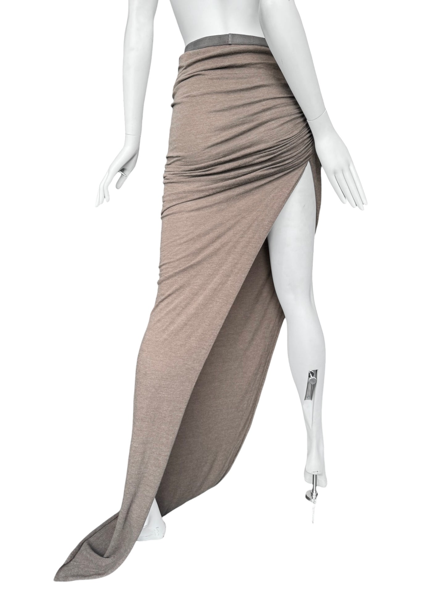 RICK OWENS FW2024 ‘PORTERVILLE’ BROWN ASYMMETRICAL DRAPED MAXI SKIRT