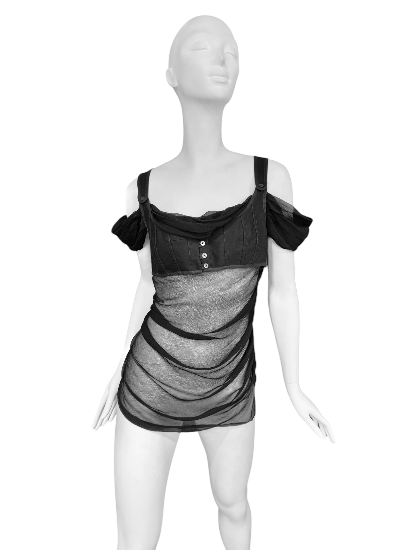 ALEXANDER MCQUEEN SS2005 «IT’S ONLY A GAME» BLACK SILK DRAPED CORSET TOP