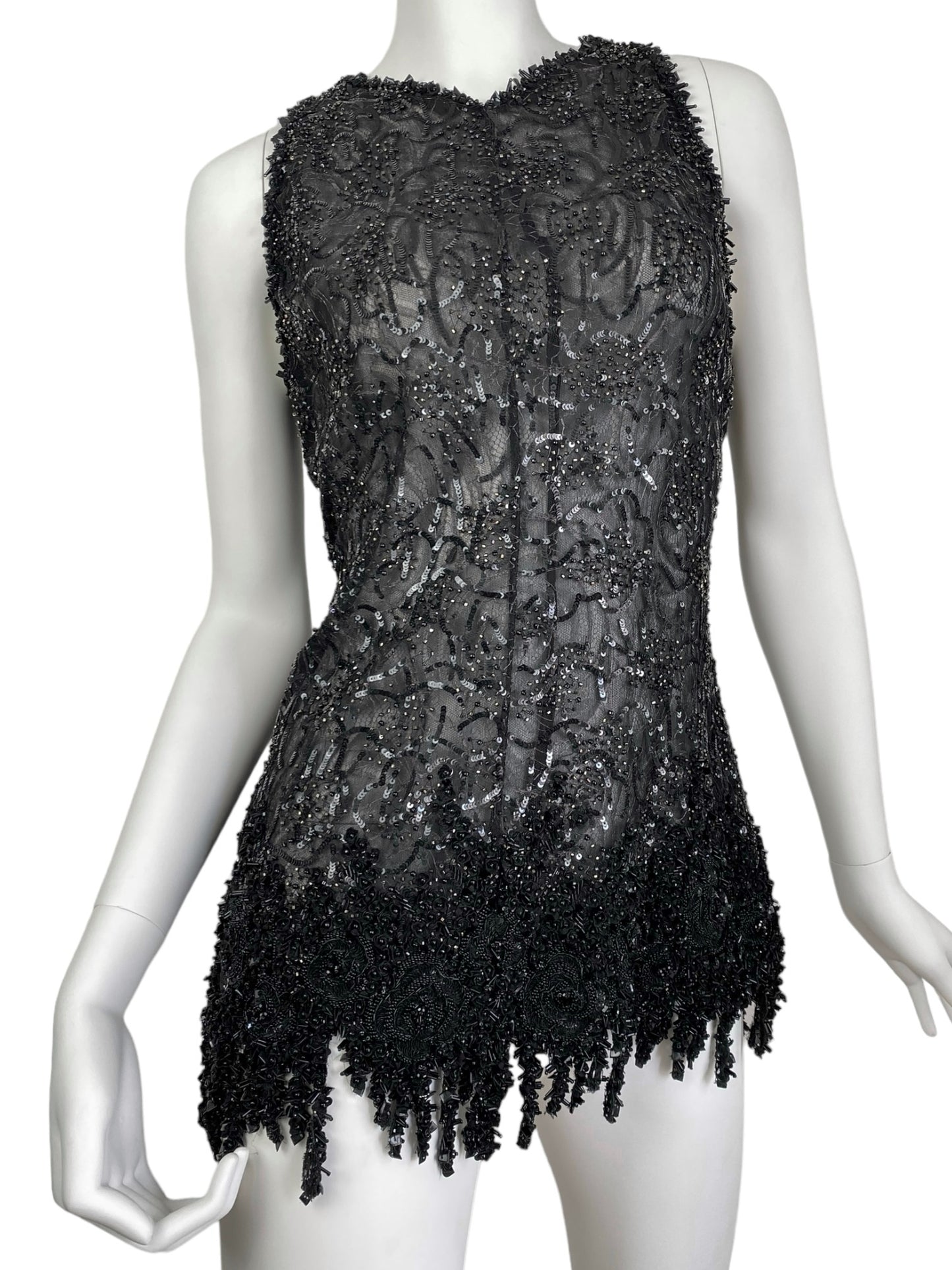 VALENTINO 1990s BLACK SILK TULLE BEADED MINI DRESS