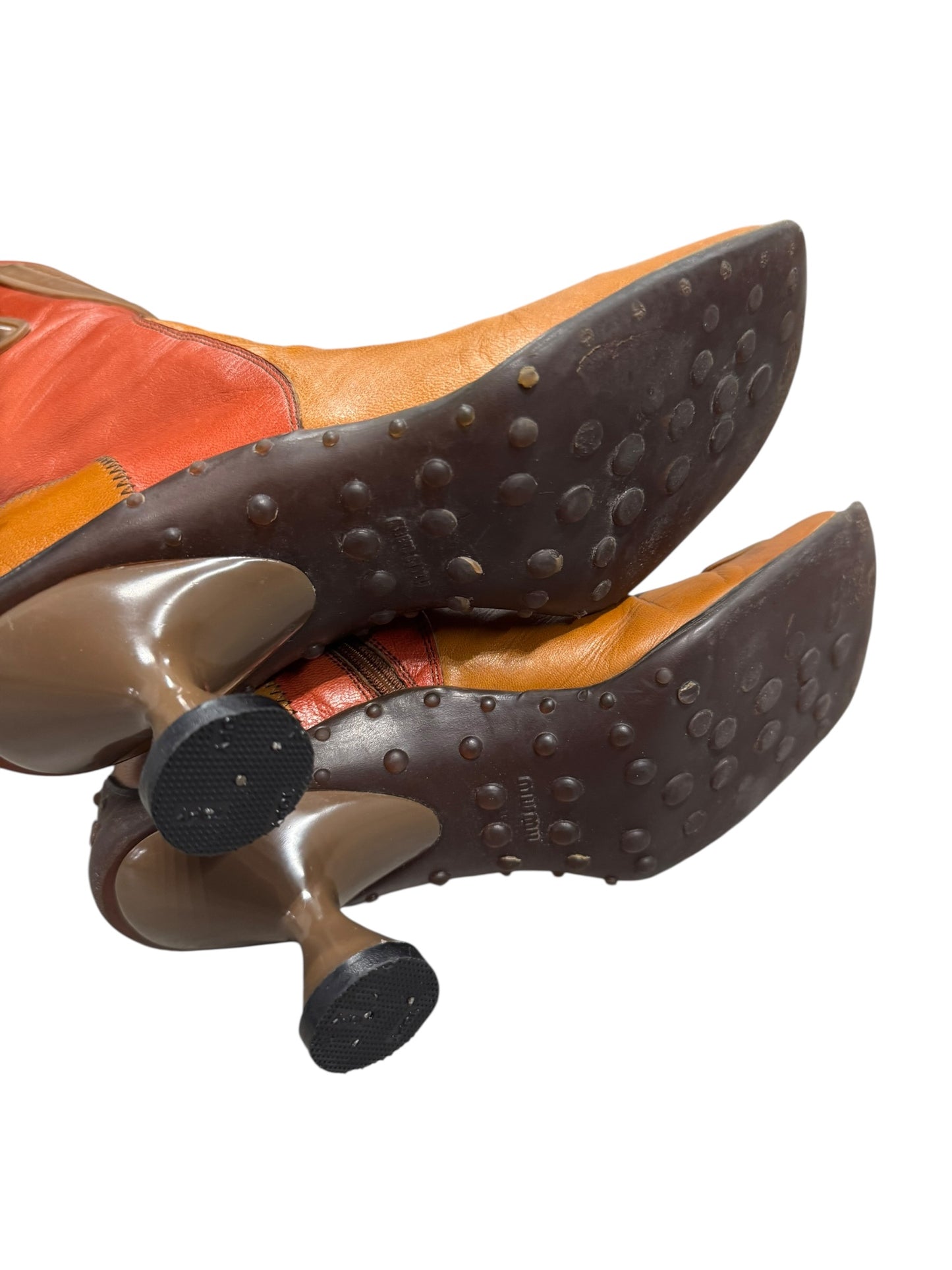 MIU MIU FW1999 ORANGE/RED/BROWN LEATHER BUBBLE SOLE BIKER BOOTS