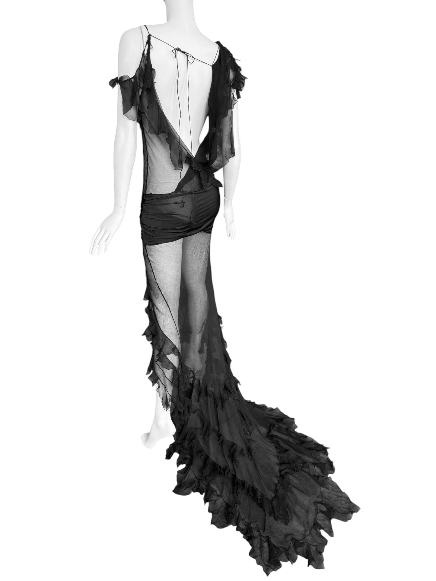 CHRISTIAN DIOR FW2006 BY JOHN GALLIANO BLACK SILK ASYMMETRICAL RUFFLES TRAIN MAXI DRESS