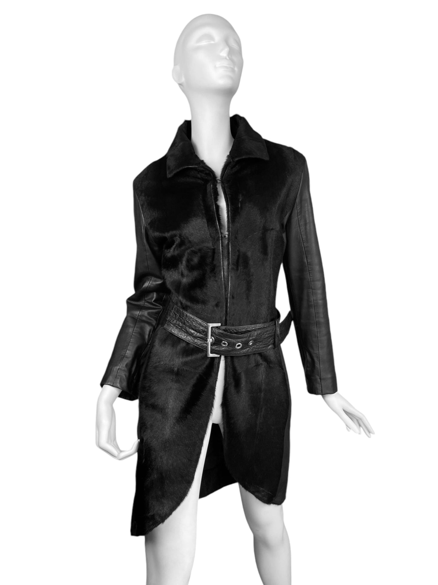 BLUE DEEP 2000s BLACK LEATHER PONY HAIR COAT