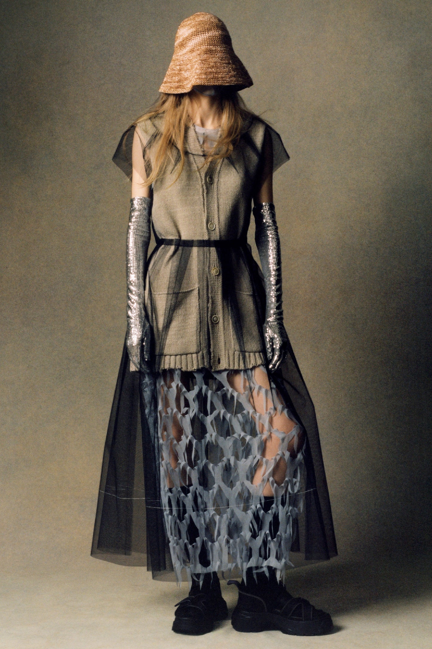 MAISON MARGIELA RESORT 2022 BY GALLIANO BLACK TULLE SHEER MAXI DRESS