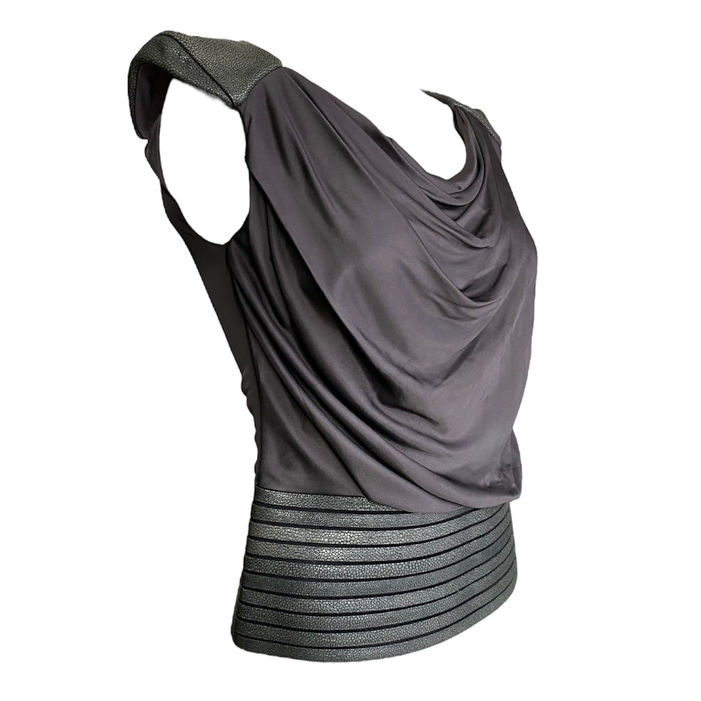 JITROIS 2000s GREY LEATHER HORIZONTAL STRAPS DRAPED TOP