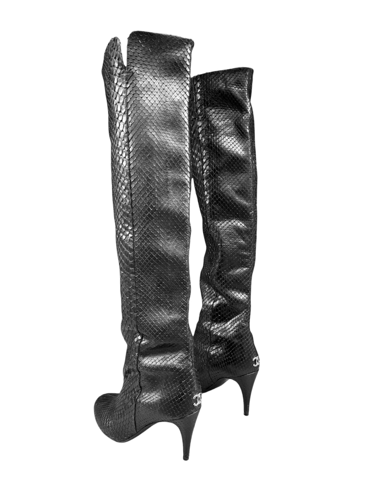 CHANEL 2000s BY KARL LAGERFELD BLACK PYTHON LEATHER BOOTS