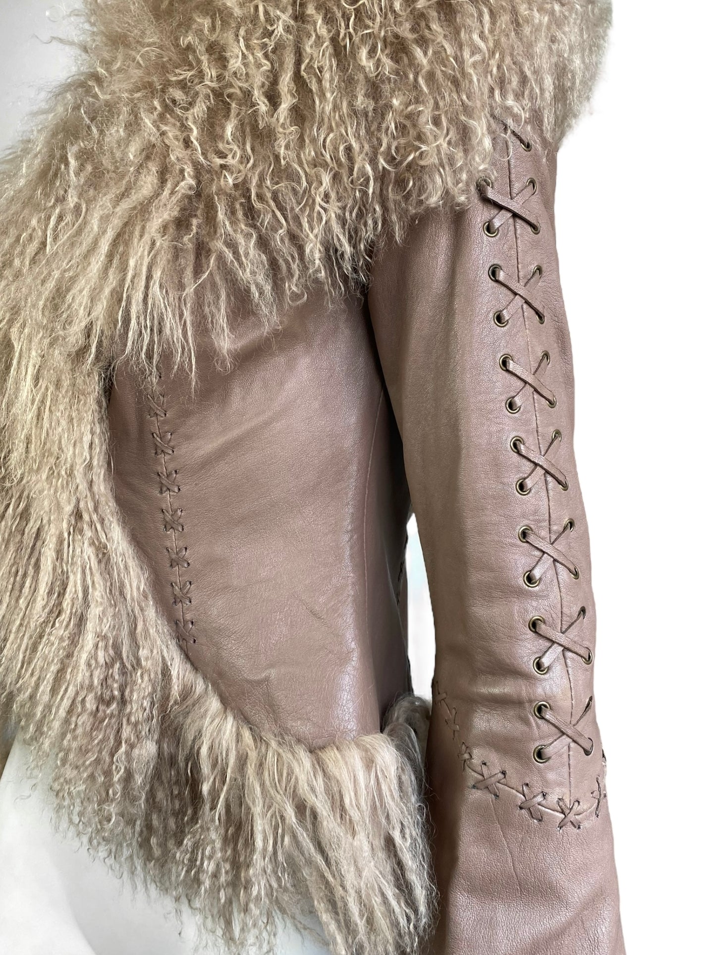 JUST CAVALLI 2000s BEIGE LEATHER LACED MONGOLIAN LAMB FUR TRIM JACKET