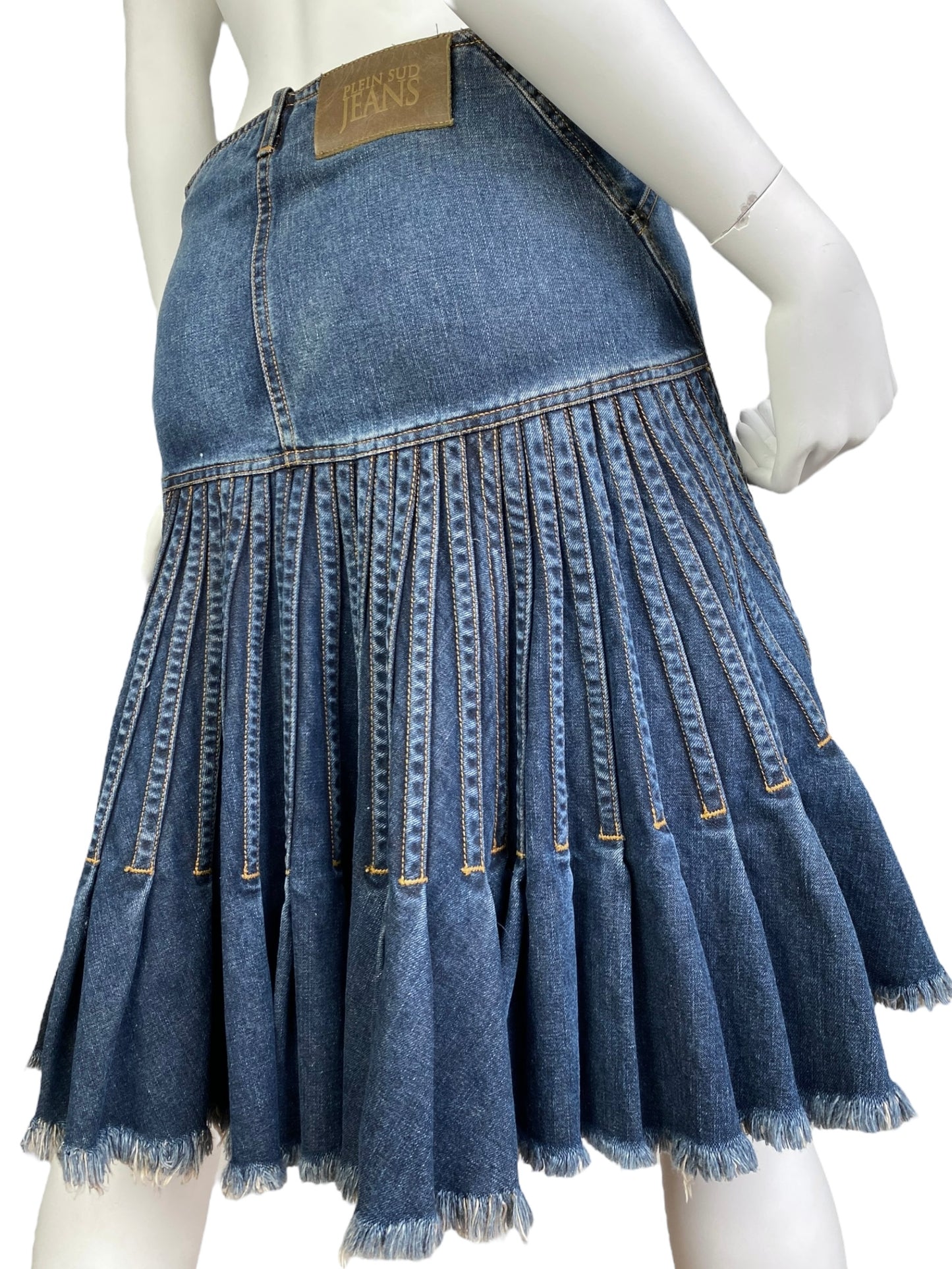 PLEIN SUD JEANS SS2003 BLUE DENIM PLEATED MIDI SKIRT