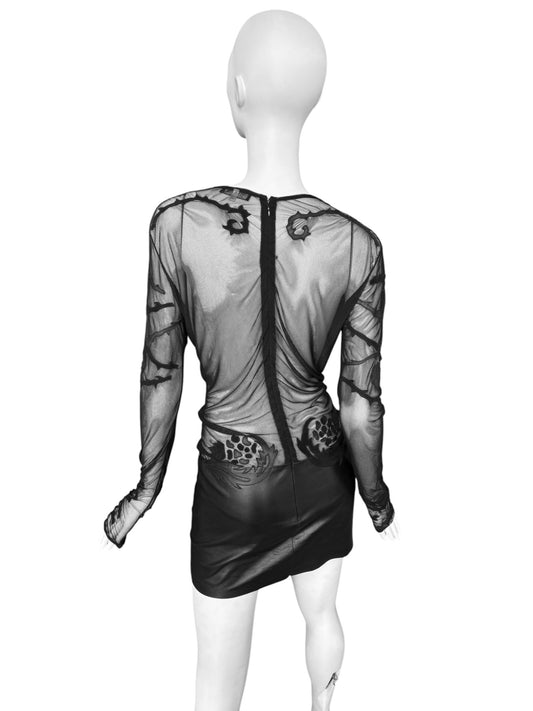 JITROIS 2012 BLACK MESH & LEATHER APPLIQUÉ SHEER MINI DRESS