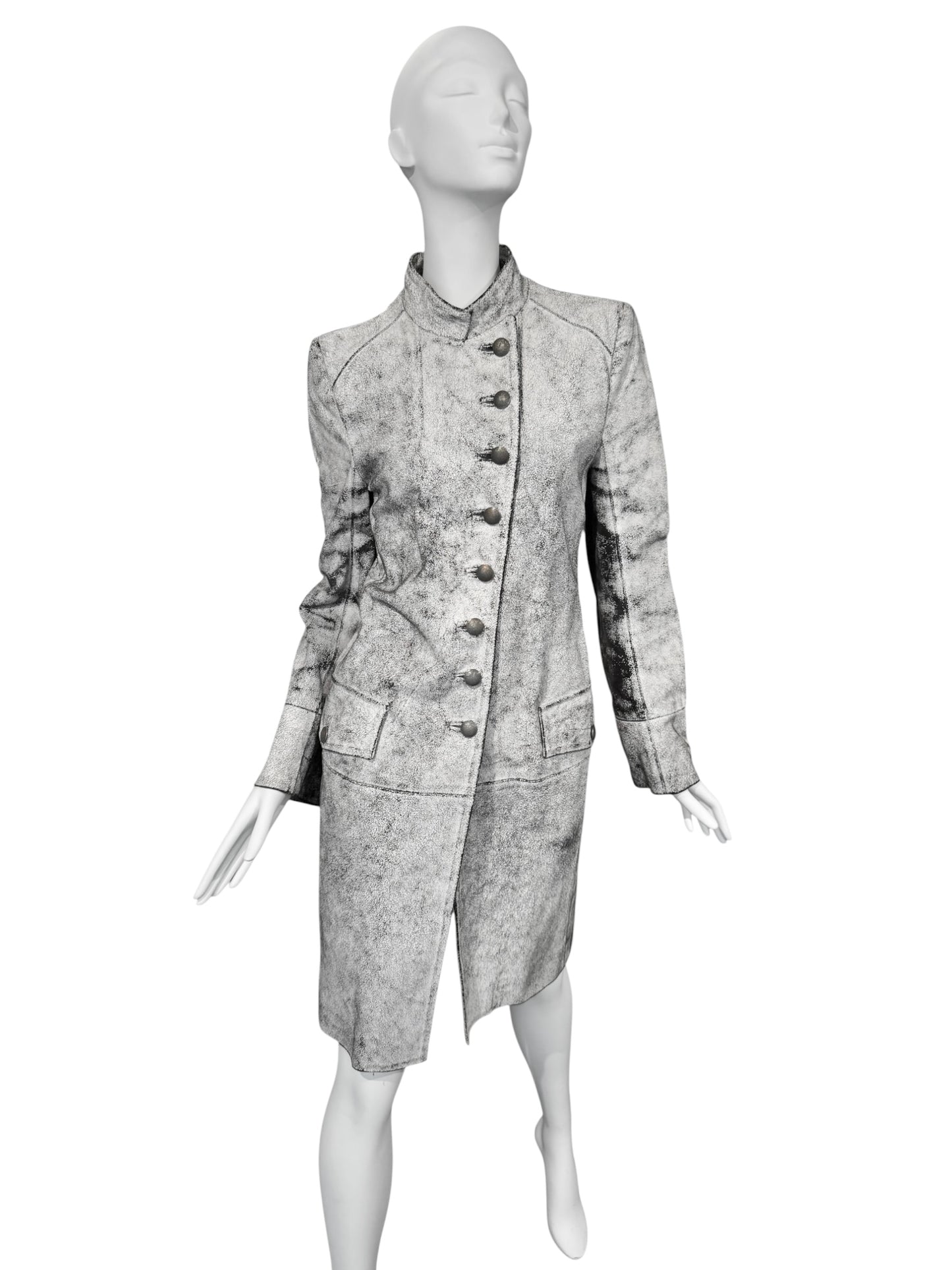 ANN DEMEULEMEESTER SS2002 WHITE CRACKED LEATHER COAT