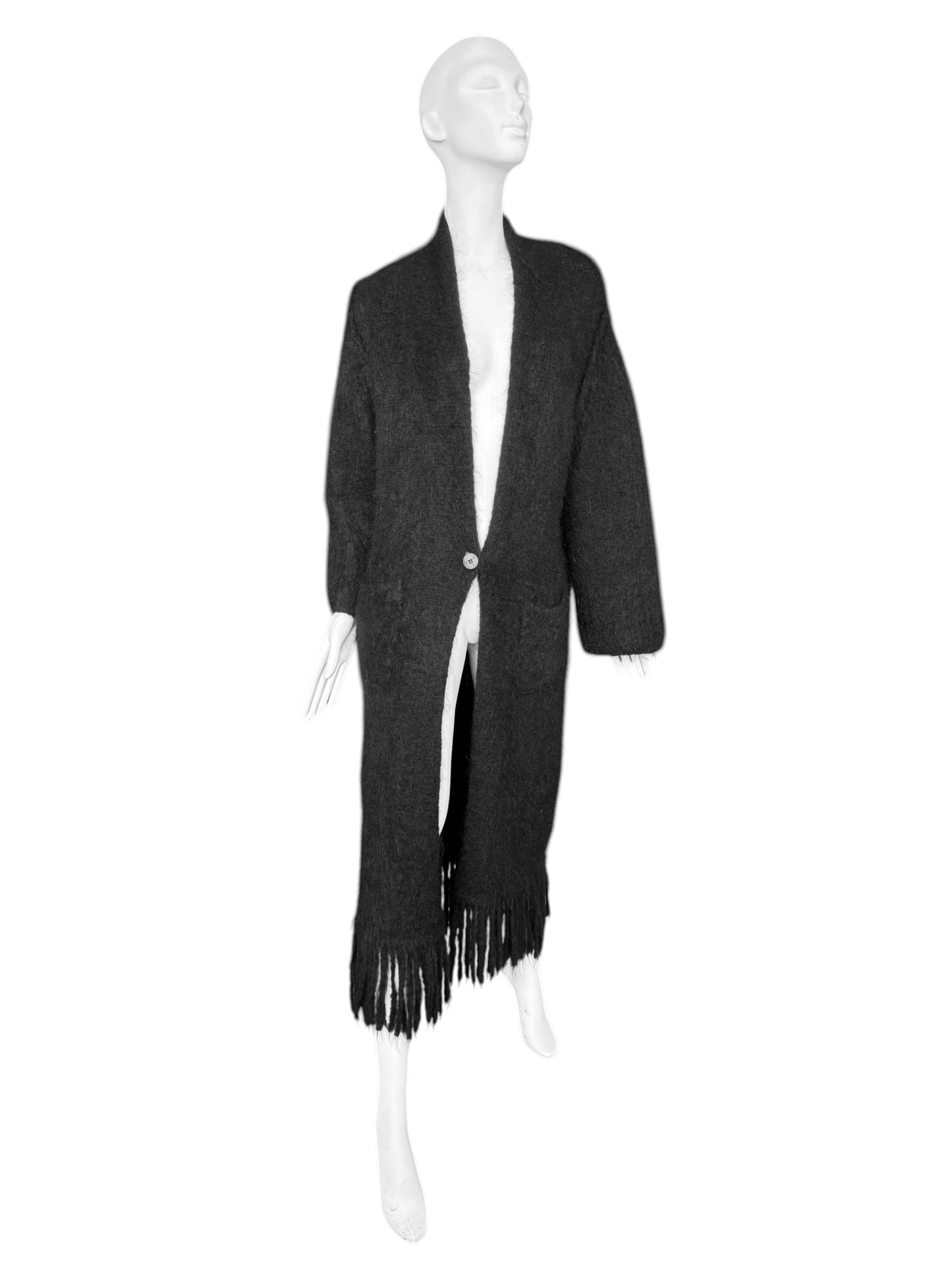 ISABEL BENENATO FW2020 BLACK WOOL & MOHAIR BLEND FRINGES MAXI COAT